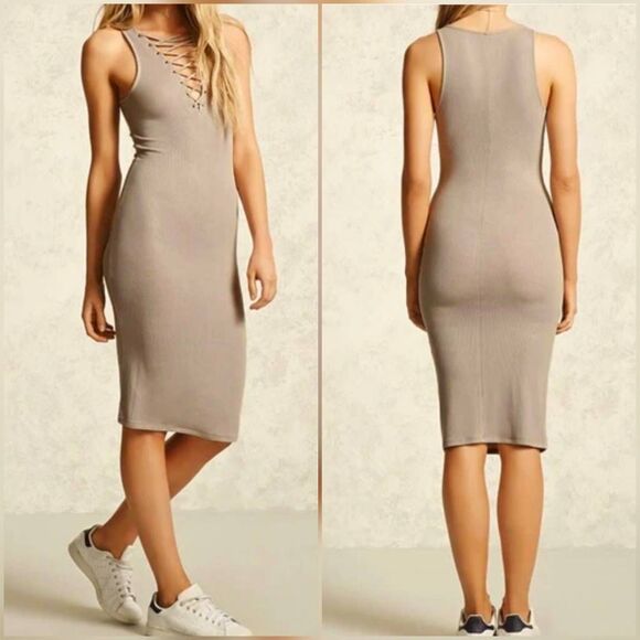 🔹️Forever 21 Tan Ribbed Bodycon Sleeveless Dress Large - Picture 1 of 12